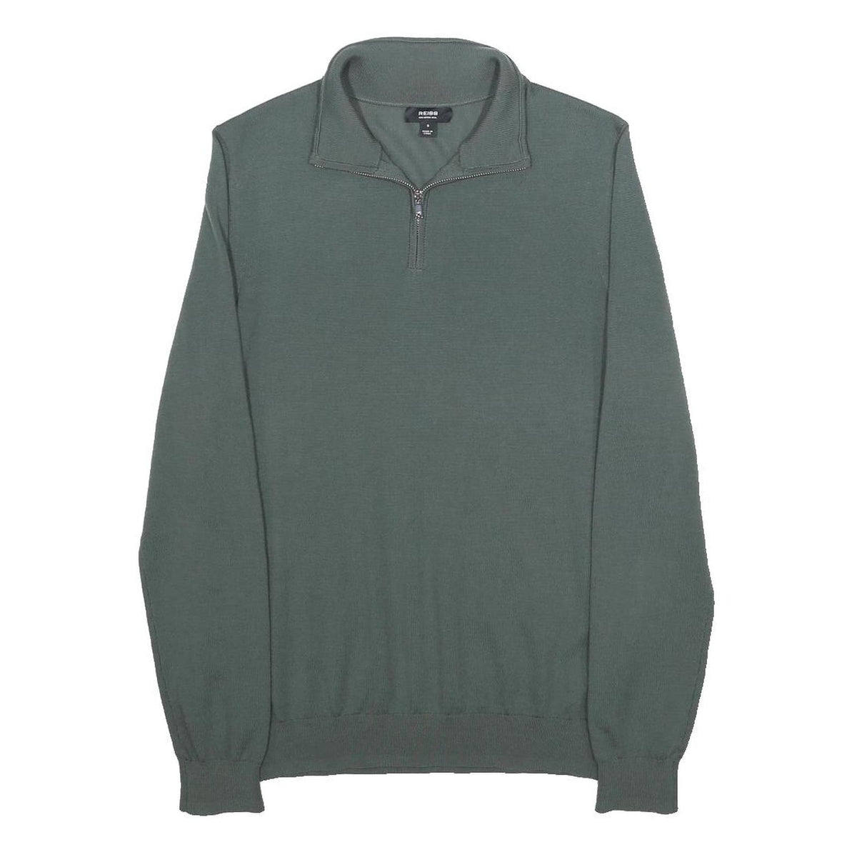 REISS Mens Green Pullover Plain Quarter Zip Basic Knit S Wool Jumper