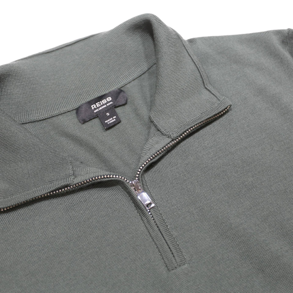REISS Mens Green Pullover Plain Quarter Zip Basic Knit S Wool Jumper