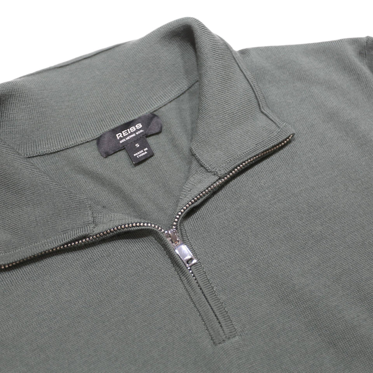 REISS Mens Green Pullover Plain Quarter Zip Basic Knit S Wool Jumper