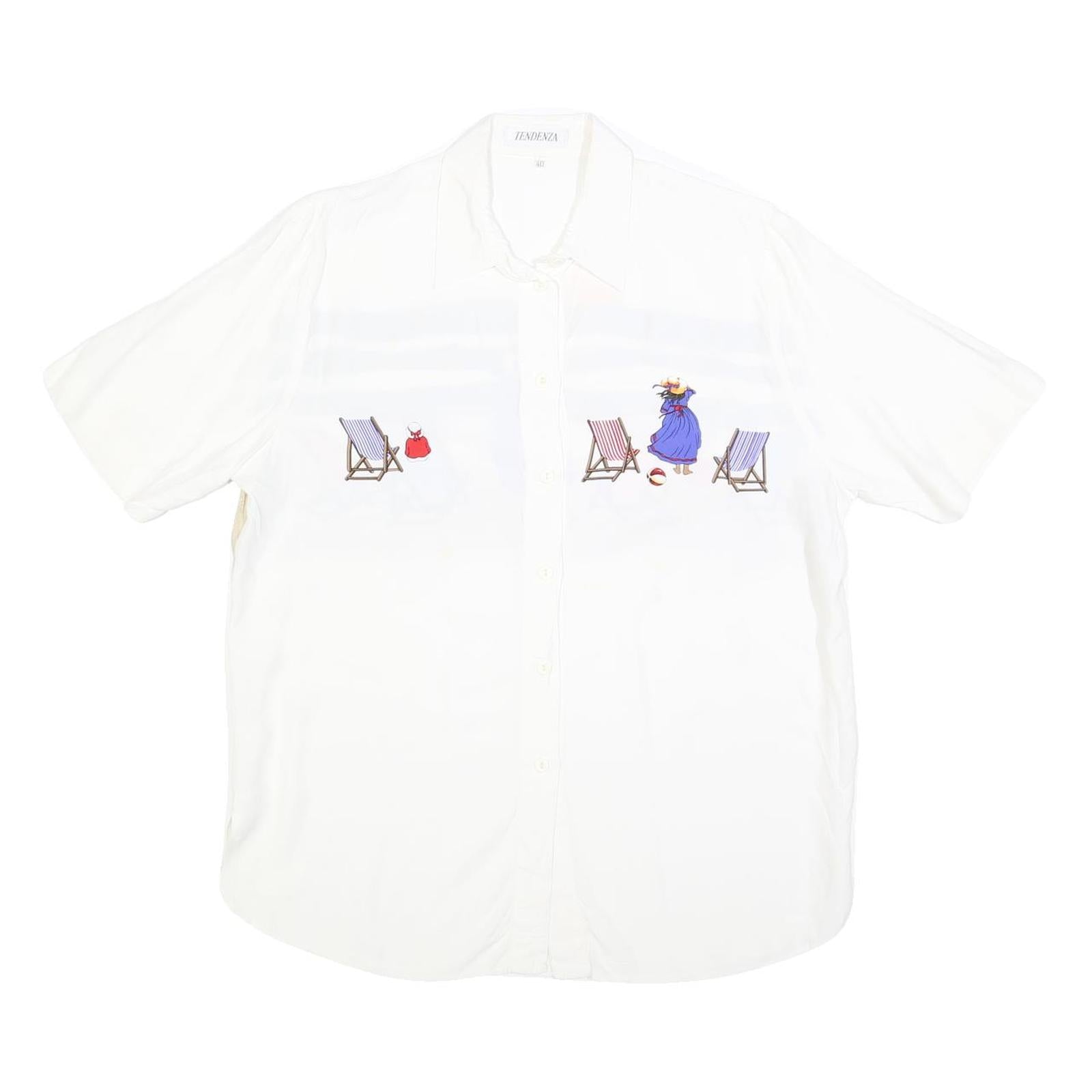 TENDENZA Womens White Beach Scene Printed Shirt L Summer Casual Holiday Style