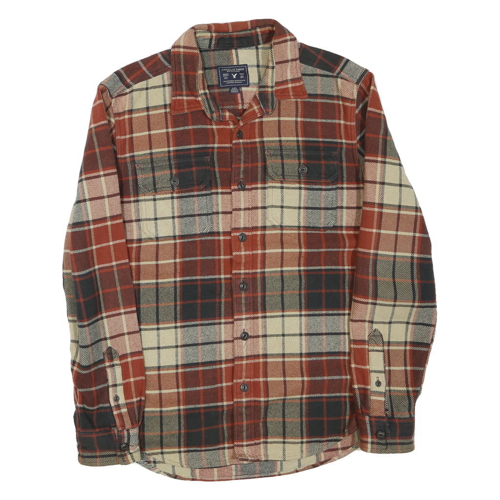 AMERICAN EAGLE Mens Beige & Maroon Plaid Shirt L Casual Cotton Blend Long Sleeve