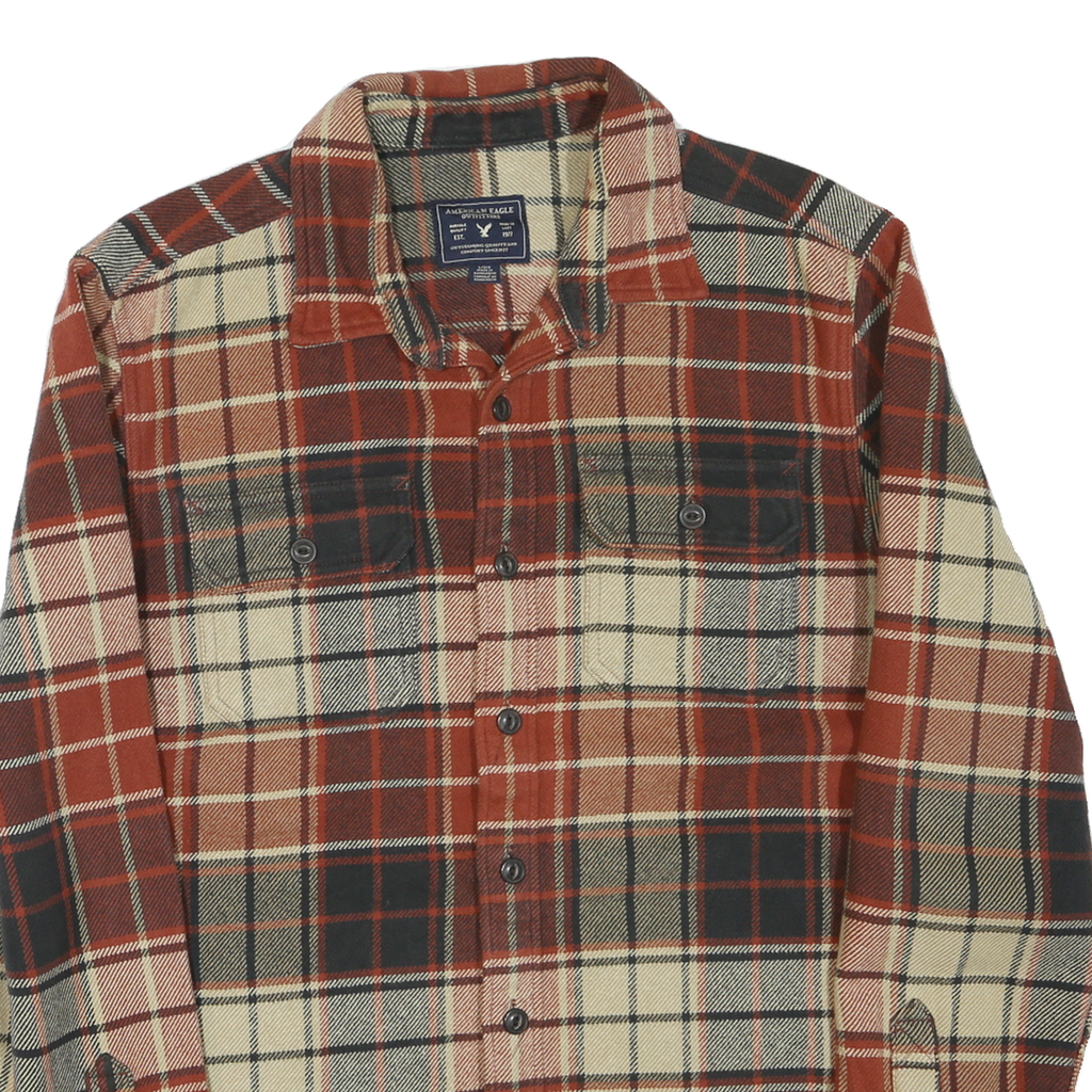 AMERICAN EAGLE Mens Beige & Maroon Plaid Shirt L Casual Cotton Blend Long Sleeve
