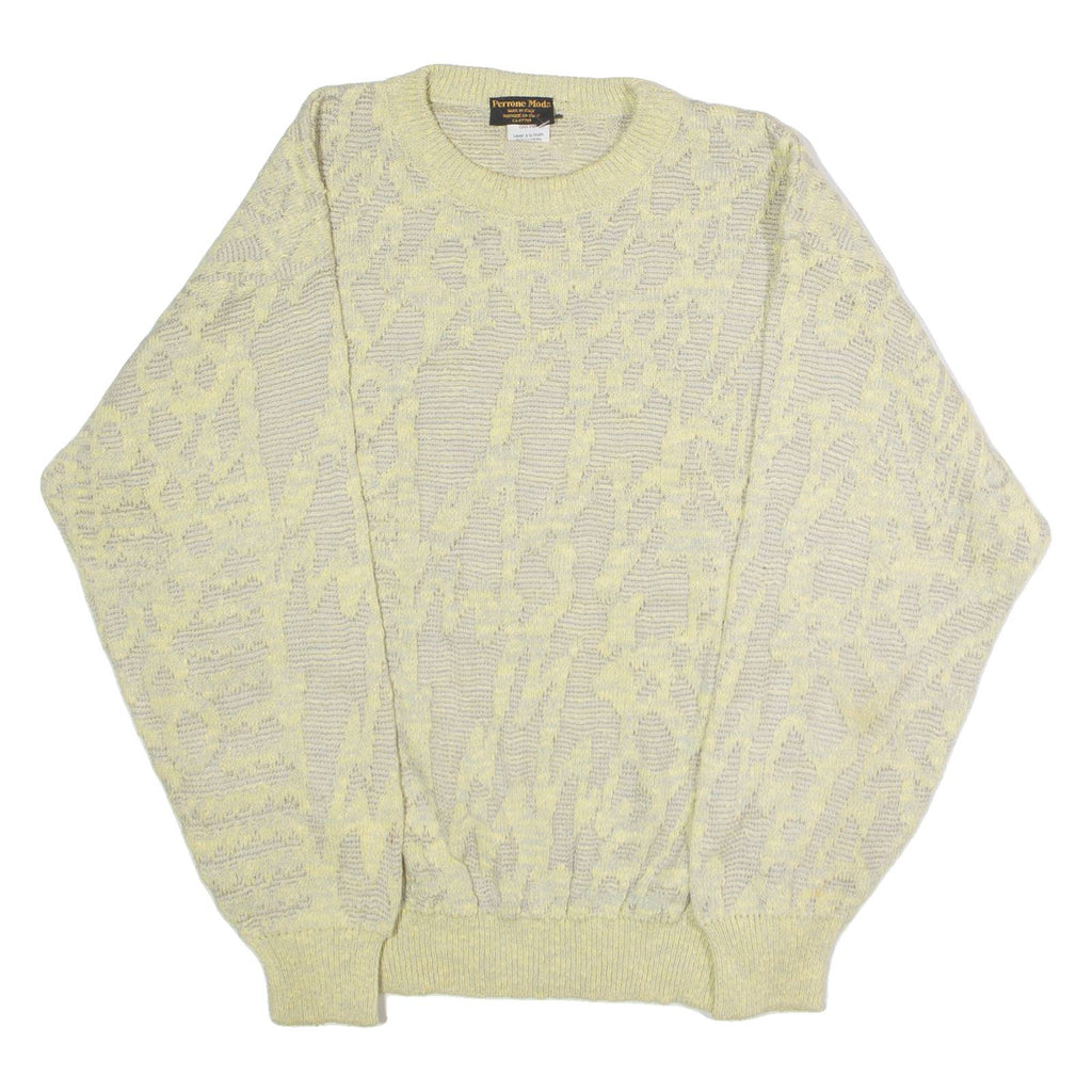 PERRONE MODA Mens Patterned Jumper Yellow Crazy Pattern Crew Neck 90s M