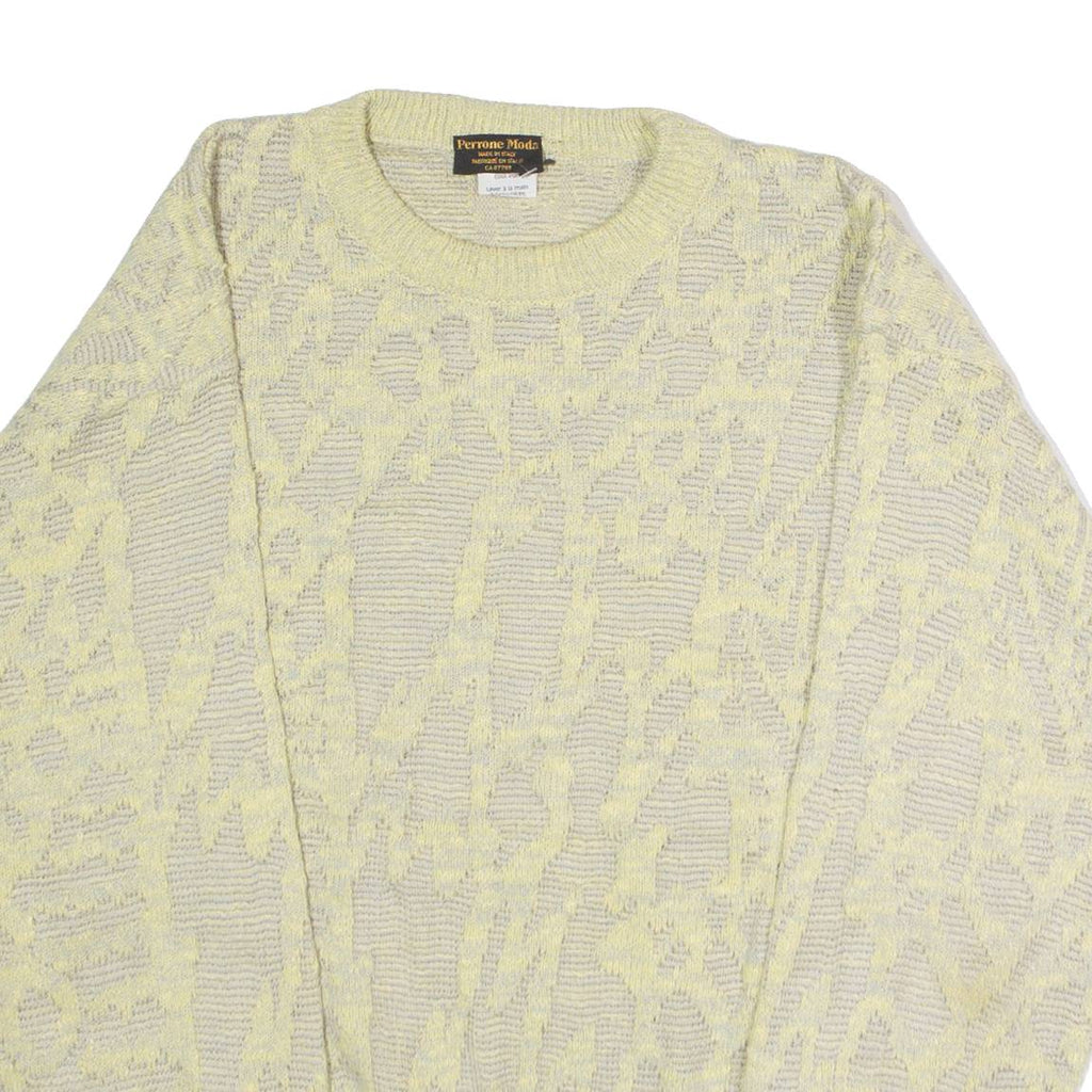 PERRONE MODA Mens Patterned Jumper Yellow Crazy Pattern Crew Neck 90s M