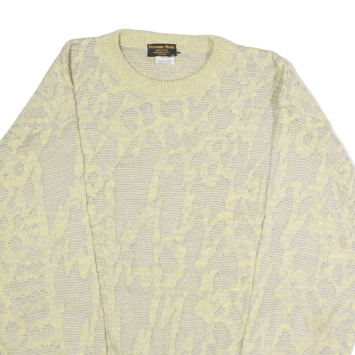PERRONE MODA Mens Patterned Jumper Yellow Crazy Pattern Crew Neck 90s M