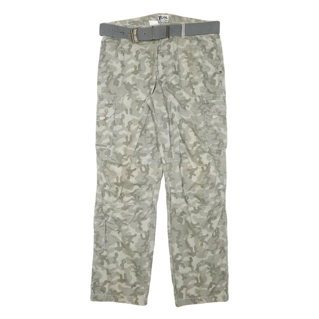 YOU Mens Cotton Blend Grey Camouflage Regular Cargo Trousers W34 L32 Belted