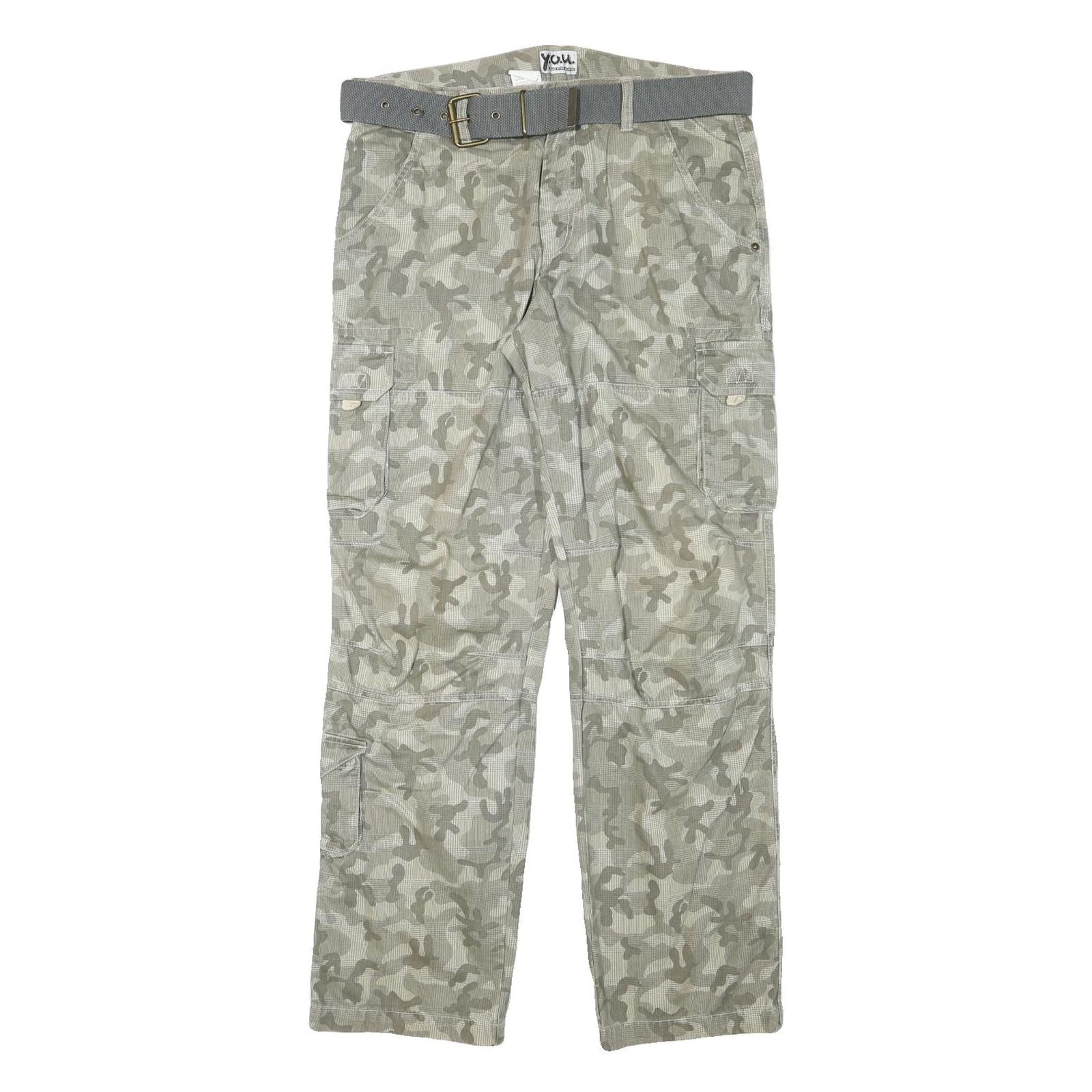 YOU Mens Cotton Blend Grey Camouflage Regular Cargo Trousers W34 L32 Belted