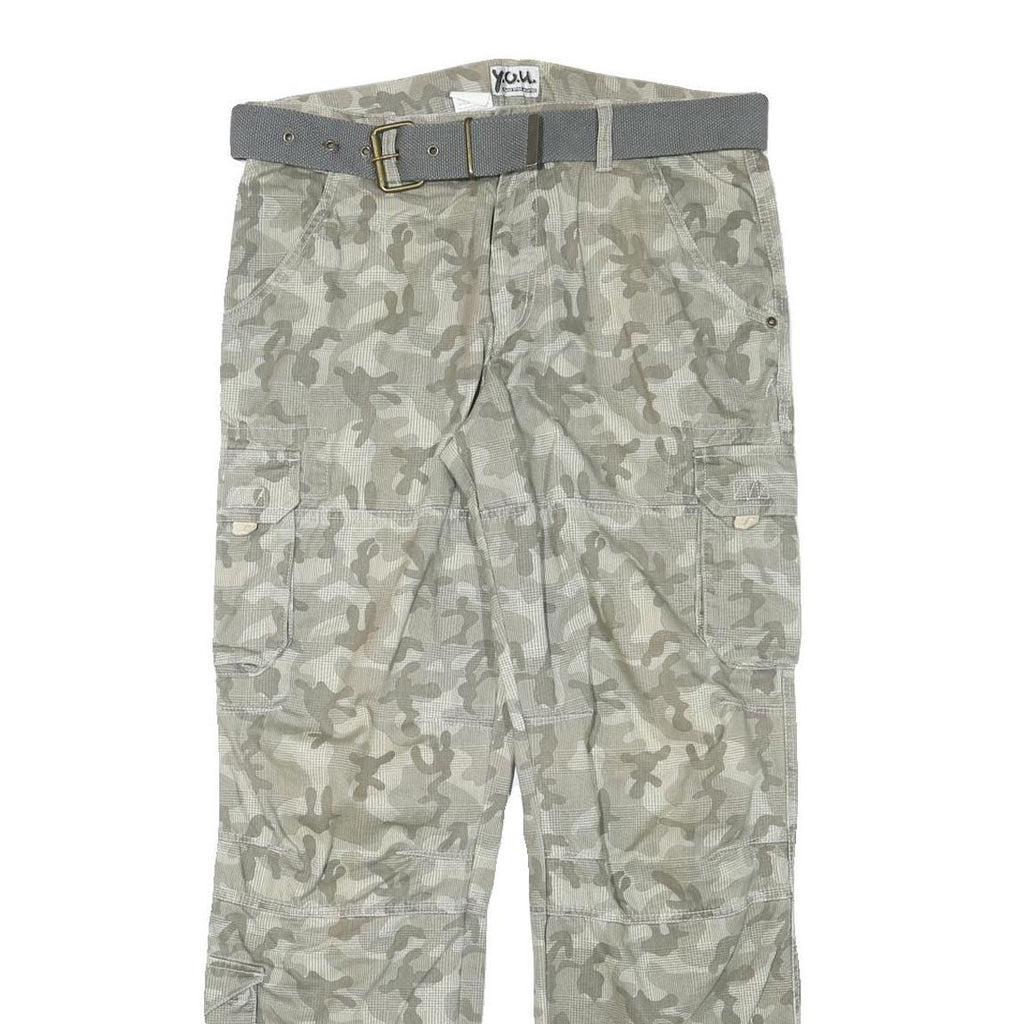 YOU Mens Cotton Blend Grey Camouflage Regular Cargo Trousers W34 L32 Belted