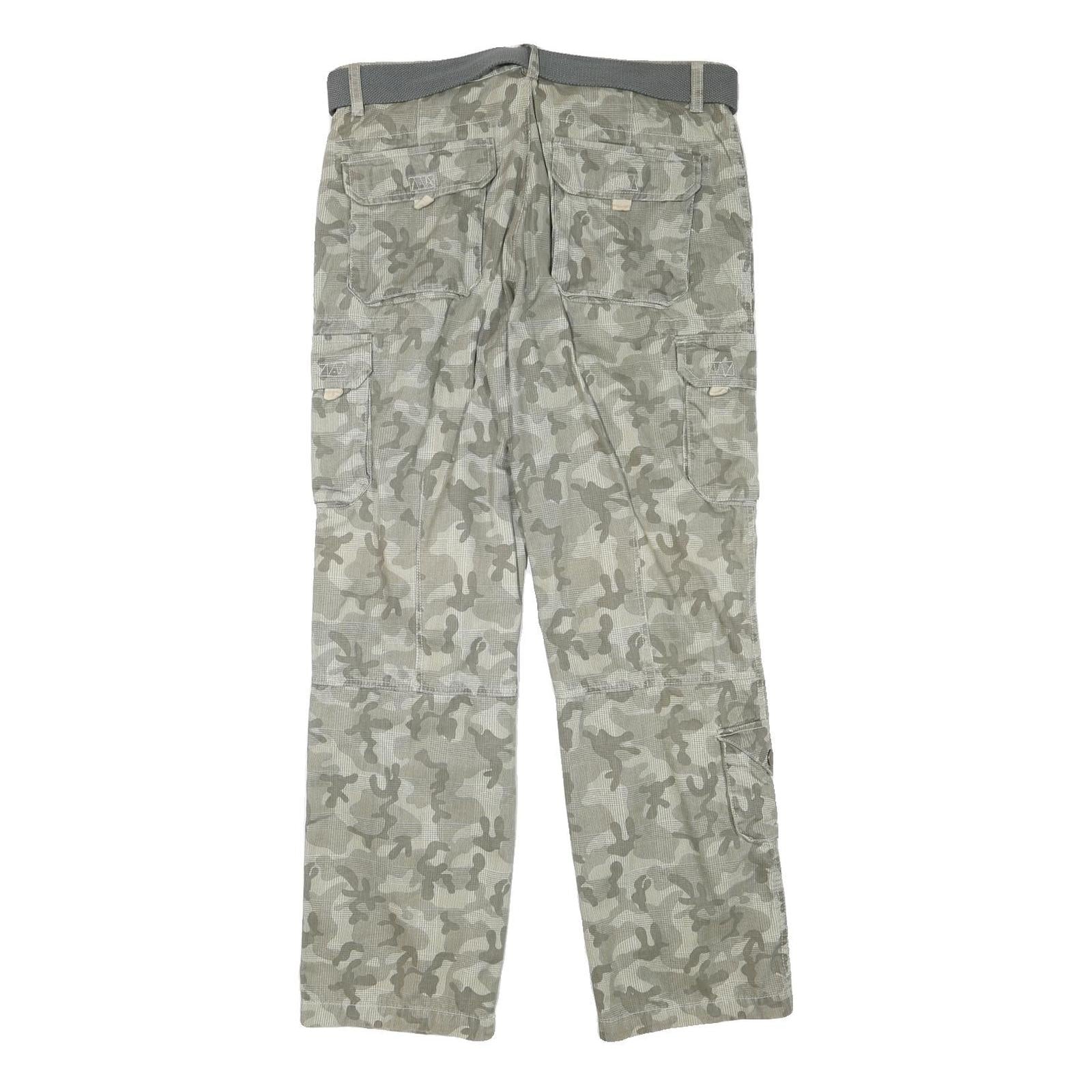 YOU Mens Cotton Blend Grey Camouflage Regular Cargo Trousers W34 L32 Belted
