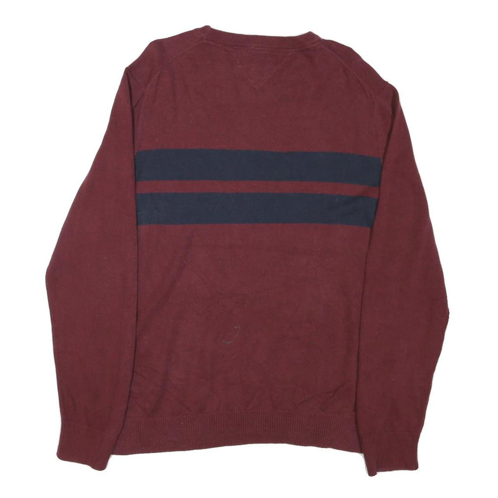 TOMMY HILFIGER Mens Maroon & Navy Patterned Jumper Crew Neck Basic Knit L Cotton