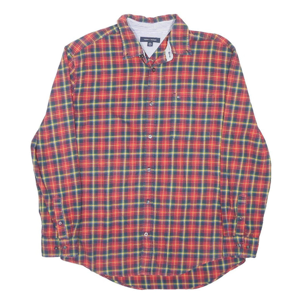 TOMMY HILFIGER Mens Red Green Check Shirt XL Classic Fit Casual Long Sleeve