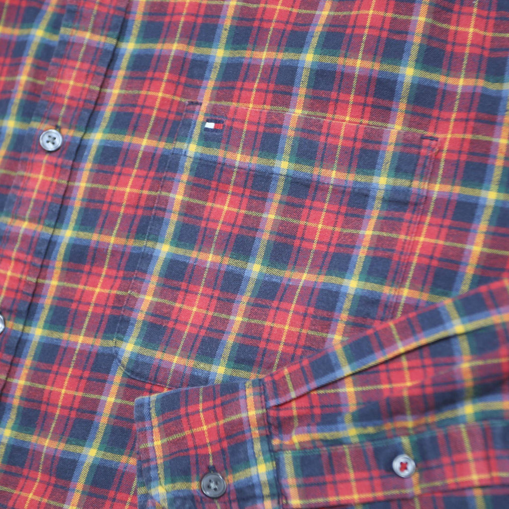 TOMMY HILFIGER Mens Red Green Check Shirt XL Classic Fit Casual Long Sleeve