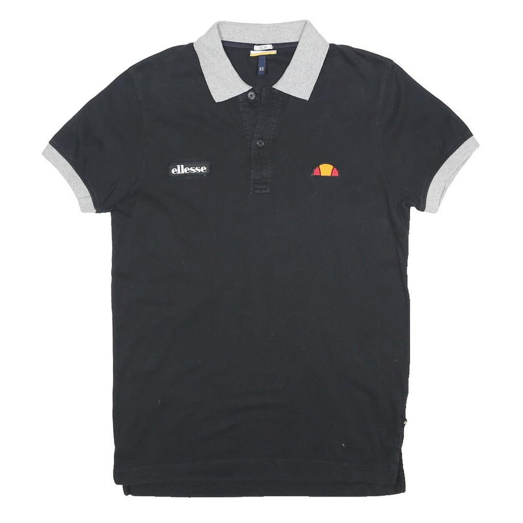 ELLESSE Mens Black & Grey Polo Shirt Short Sleeve Plain XS Cotton Jersey Basic