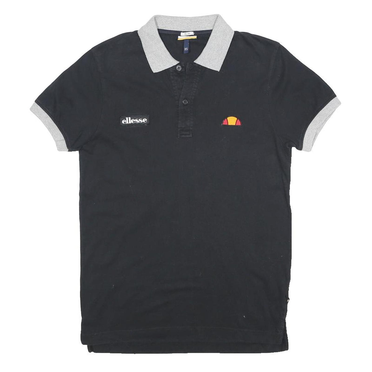 ELLESSE Mens Black & Grey Polo Shirt Short Sleeve Plain XS Cotton Jersey Basic