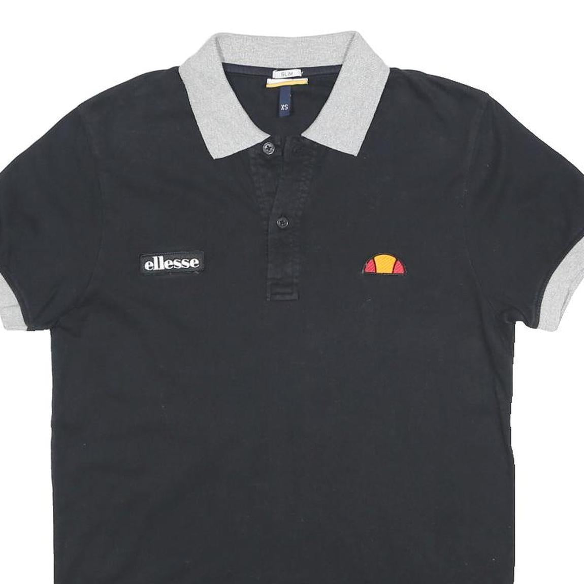 ELLESSE Mens Black & Grey Polo Shirt Short Sleeve Plain XS Cotton Jersey Basic
