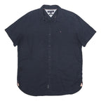 TOMMY HILFIGER Mens Navy Blue Linen Blend Shirt XL Casual Short Sleeve Button
