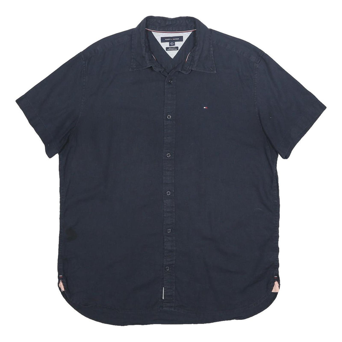 TOMMY HILFIGER Mens Navy Blue Linen Blend Shirt XL Casual Short Sleeve Button