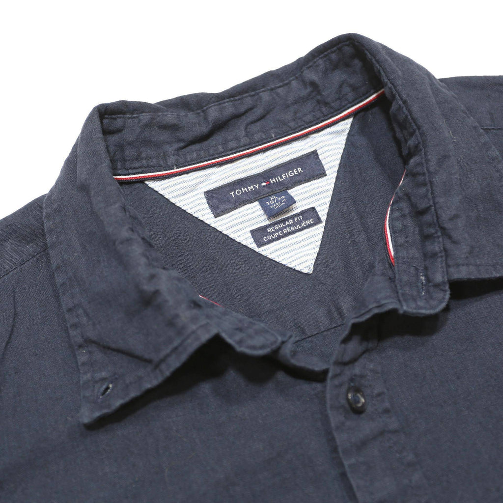 TOMMY HILFIGER Mens Navy Blue Linen Blend Shirt XL Casual Short Sleeve Button