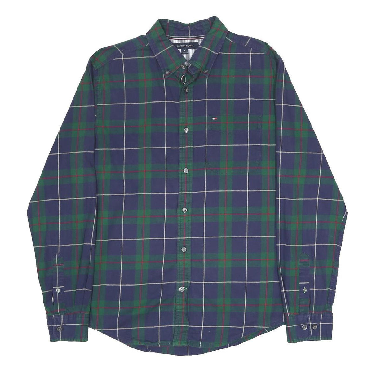 TOMMY HILFIGER Mens Blue & Green Checked Shirt M Classic Cotton Button-Down