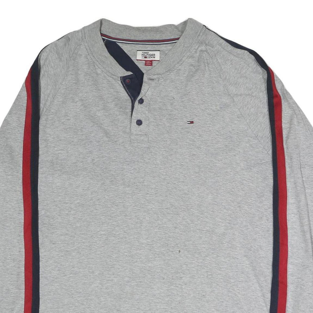 TOMMY HILFIGER Mens Grey 2XL Long Sleeve Henley Denim Stripe Detail