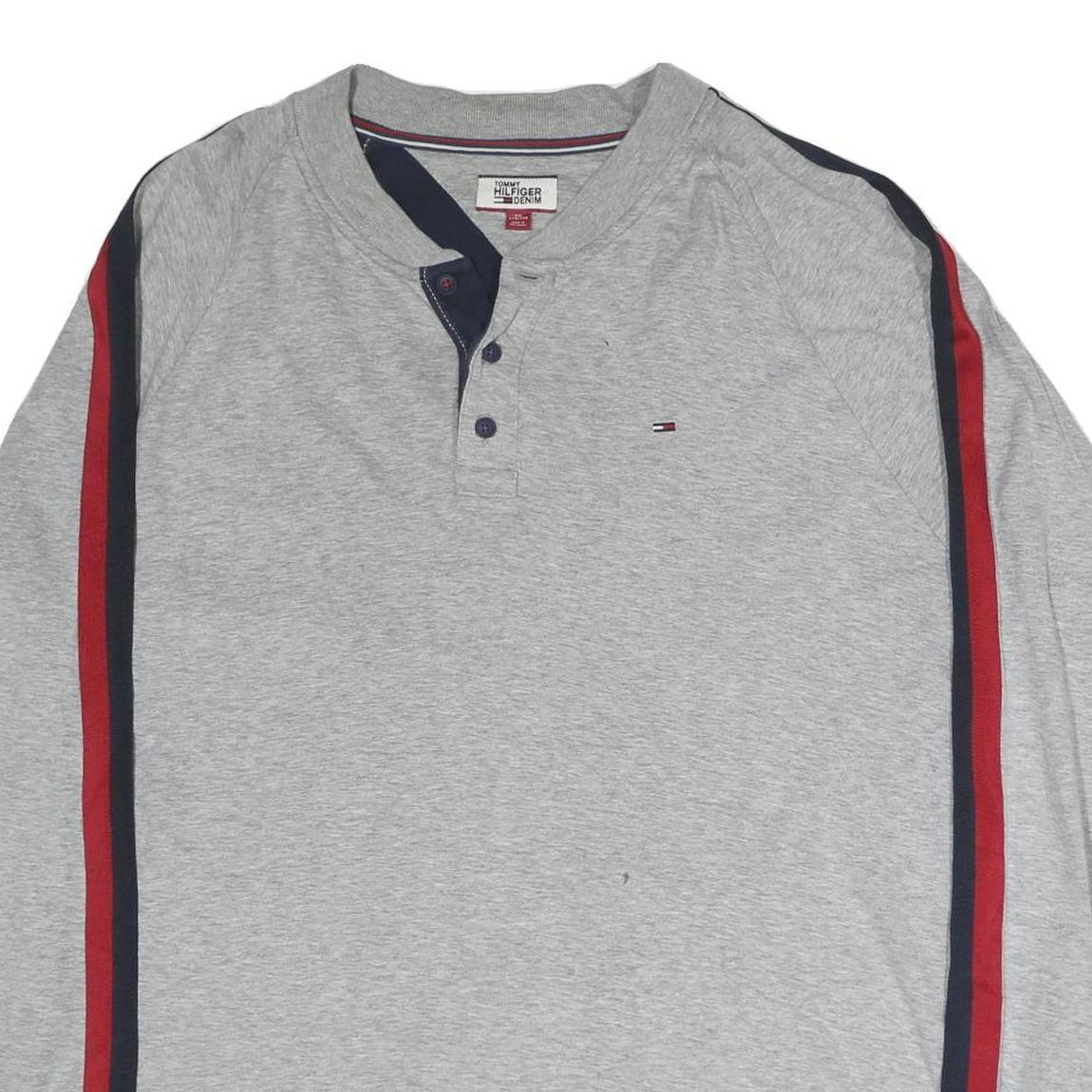 TOMMY HILFIGER Mens Grey 2XL Long Sleeve Henley Denim Stripe Detail