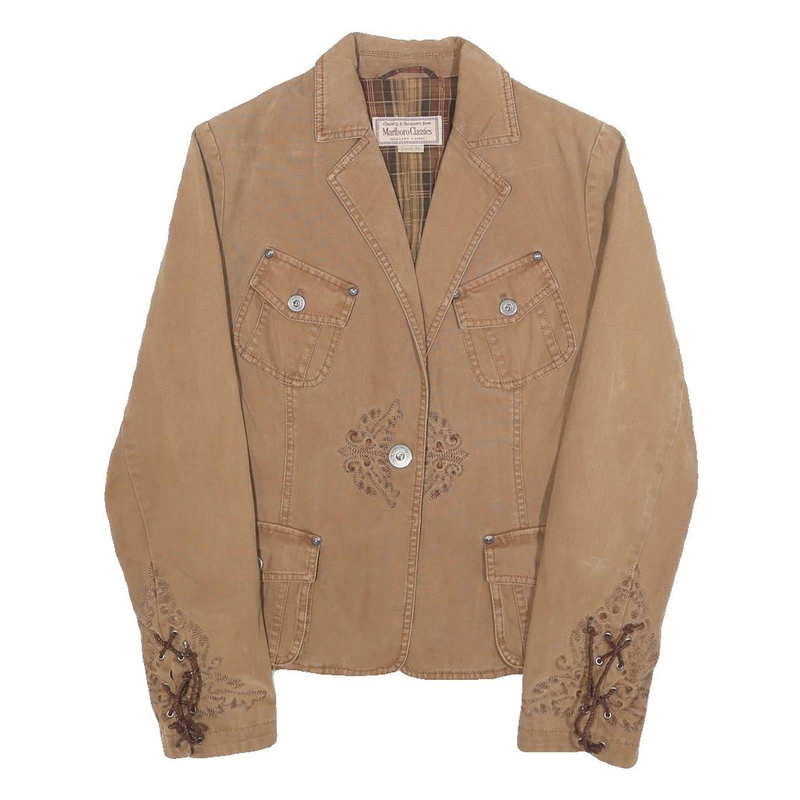 MARLBORO Womens Beige Brown Cotton Blend Button Jacket M Woven Embroidered