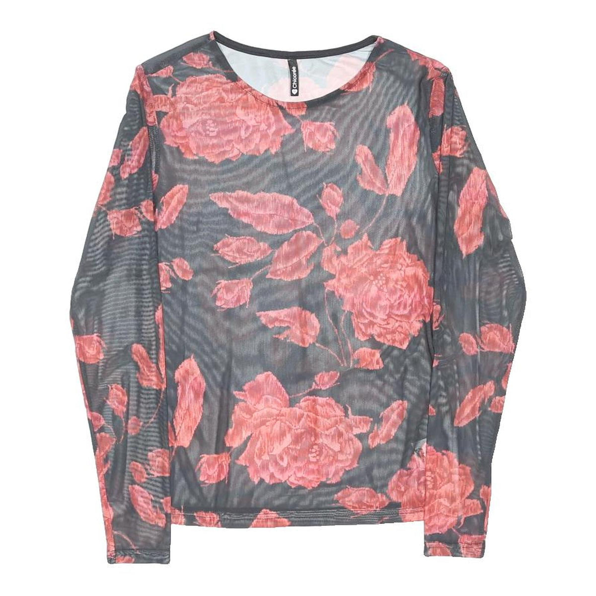 CHICOREE Womens Black & Pink Printed Long Sleeve Round Neck Top XS Floral Mesh