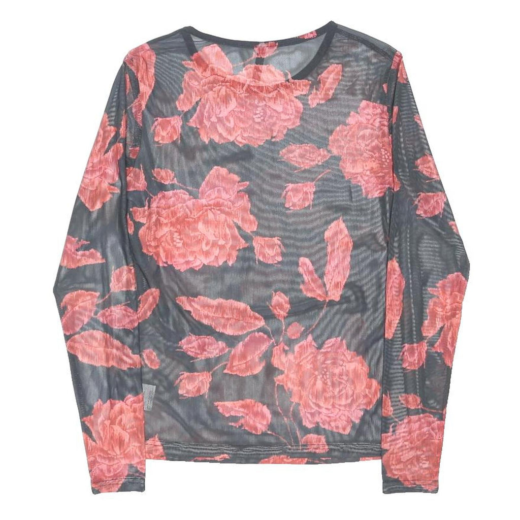 CHICOREE Womens Black & Pink Printed Long Sleeve Round Neck Top XS Floral Mesh