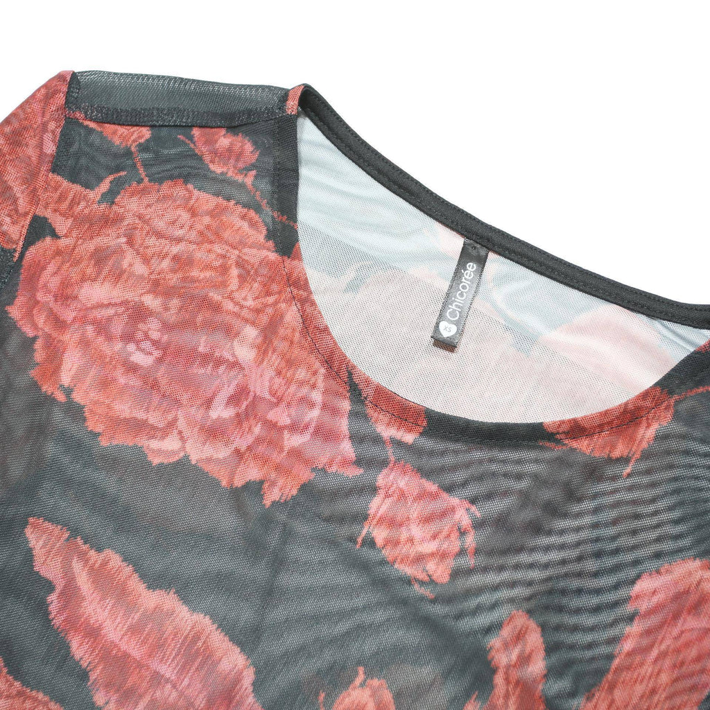 CHICOREE Womens Black & Pink Printed Long Sleeve Round Neck Top XS Floral Mesh