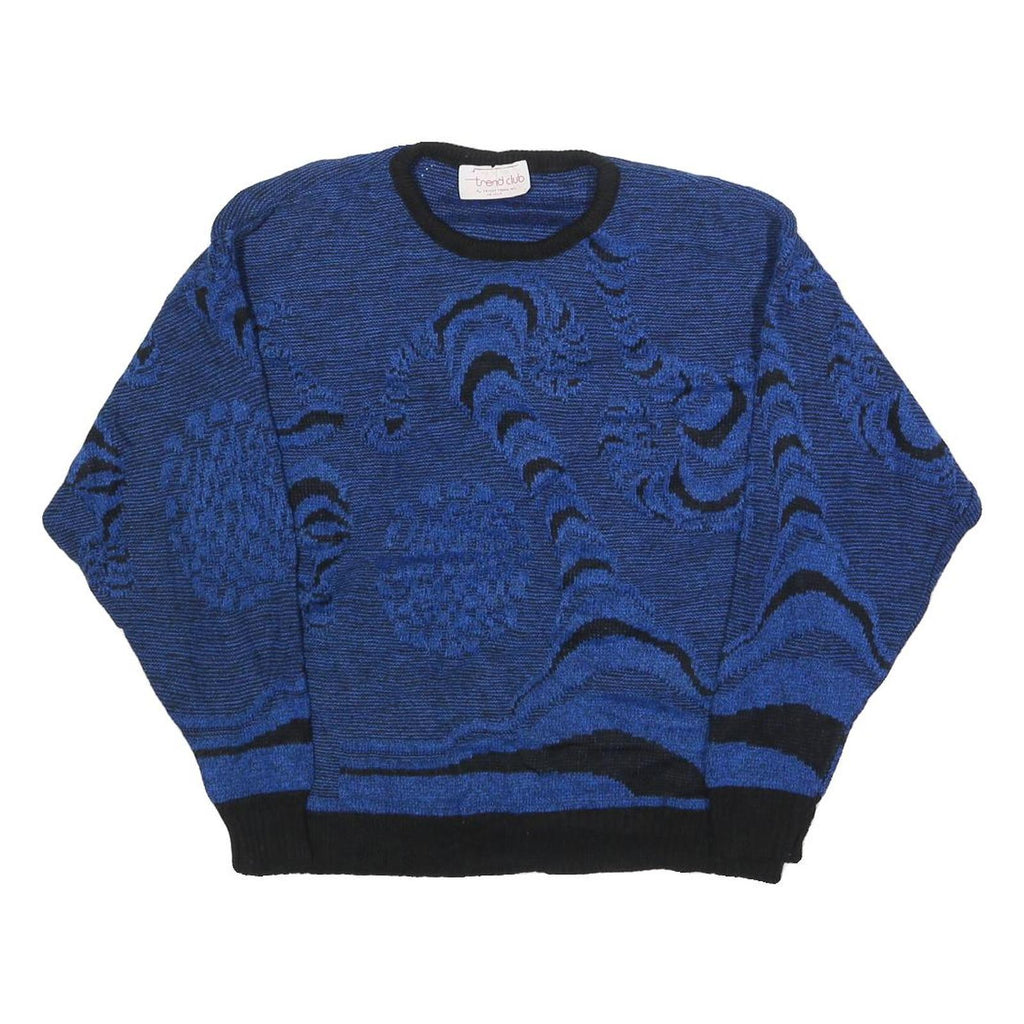 TREND CLUB Womens Blue Black Patterned Jumper Round Neck Basic Knit M Casual