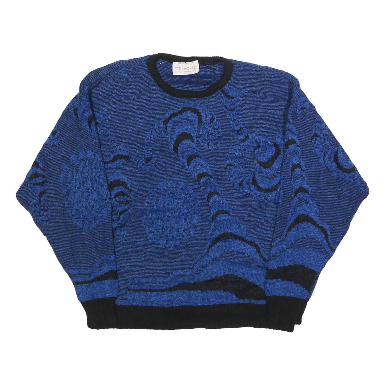 TREND CLUB Womens Blue Black Patterned Jumper Round Neck Basic Knit M Casual