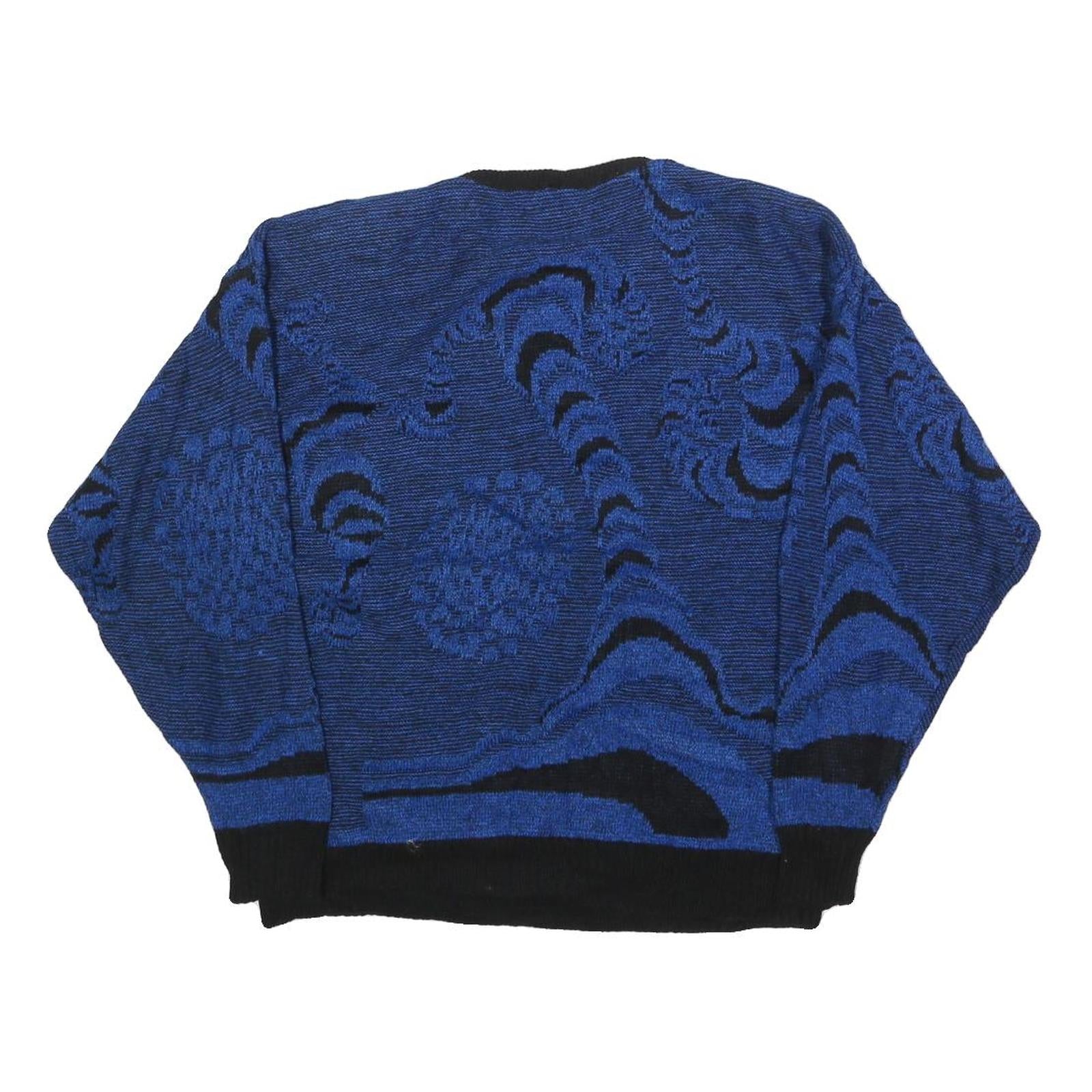 TREND CLUB Womens Blue Black Patterned Jumper Round Neck Basic Knit M Casual