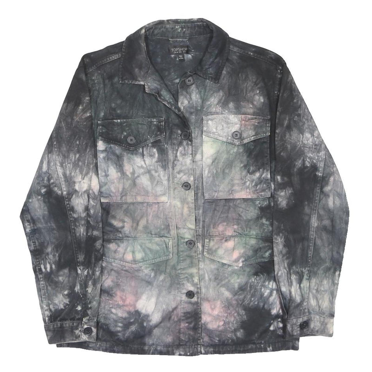 TOPSHOP Womens Black Grey Cotton Blend Button Jacket UK 10 Tie Dye Casual