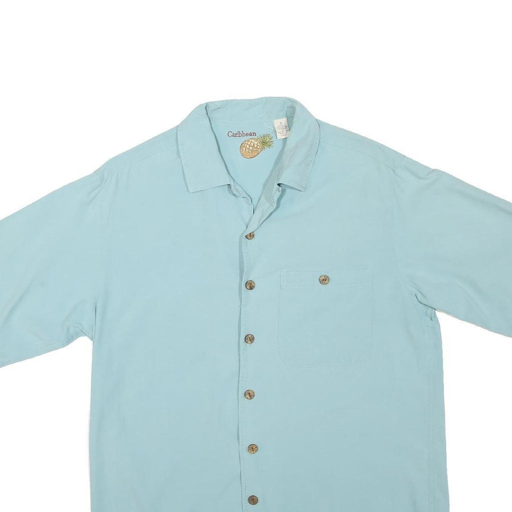 CARIBBEAN Mens Blue Silk Shirt S Lightweight Casual Summer Button Front