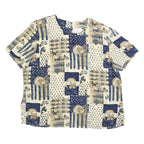 KATHY CHE Womens Cream & Blue Printed Top Short Sleeve Round Neck XL Relaxed Fit