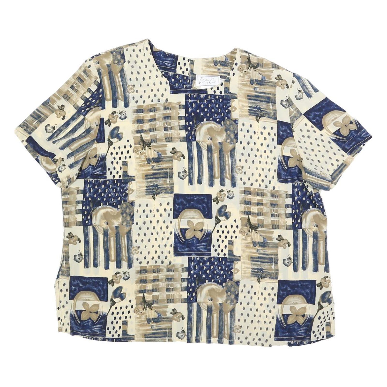 KATHY CHE Womens Cream & Blue Printed Top Short Sleeve Round Neck XL Relaxed Fit