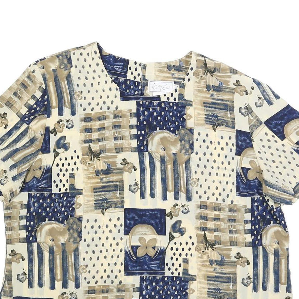 KATHY CHE Womens Cream & Blue Printed Top Short Sleeve Round Neck XL Relaxed Fit