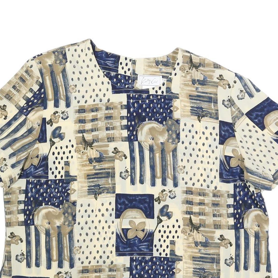 KATHY CHE Womens Cream & Blue Printed Top Short Sleeve Round Neck XL Relaxed Fit