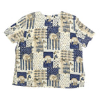 KATHY CHE Womens Cream & Blue Printed Top Short Sleeve Round Neck XL Relaxed Fit