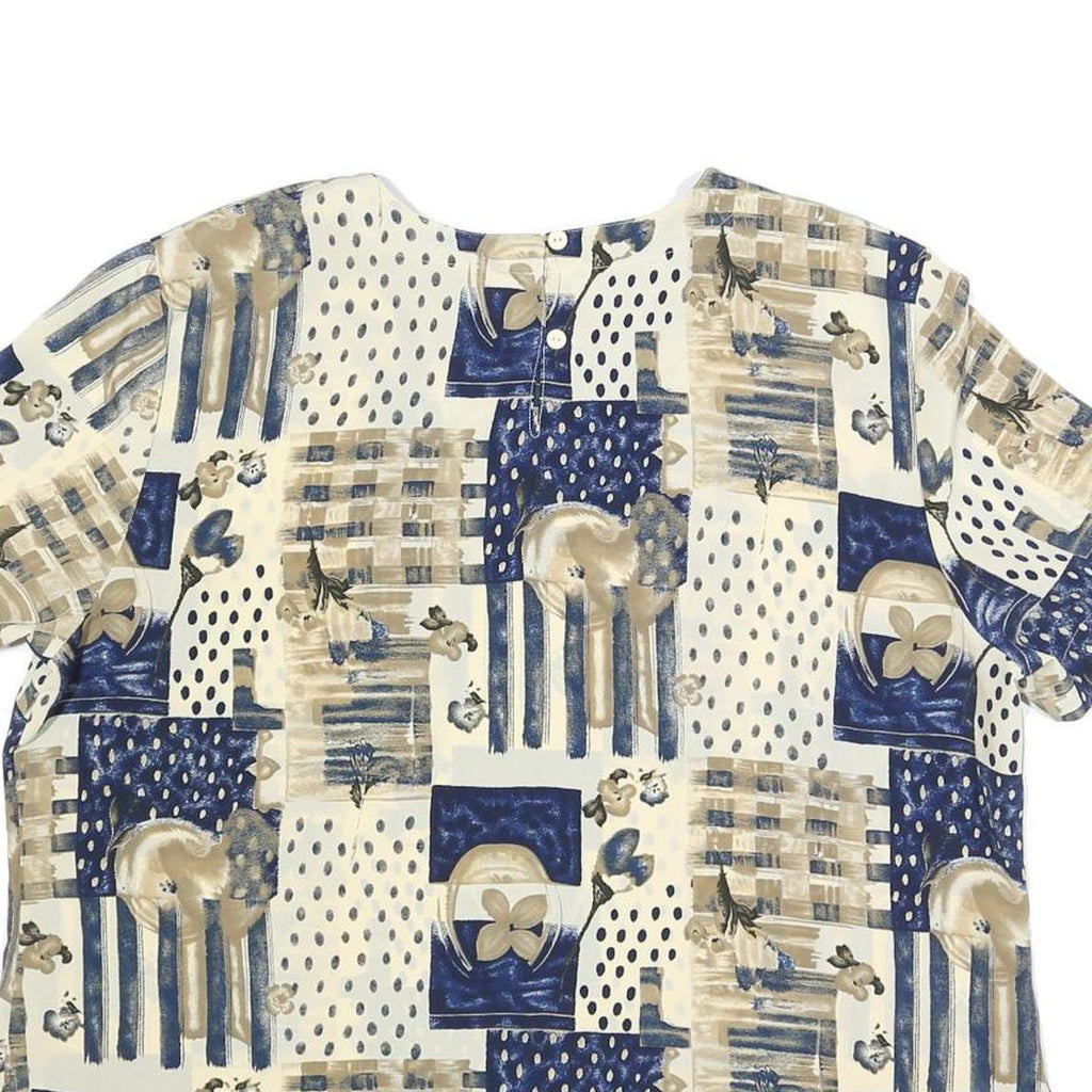 KATHY CHE Womens Cream & Blue Printed Top Short Sleeve Round Neck XL Relaxed Fit