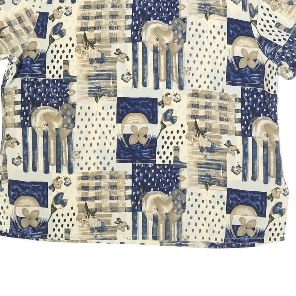 KATHY CHE Womens Cream & Blue Printed Top Short Sleeve Round Neck XL Relaxed Fit