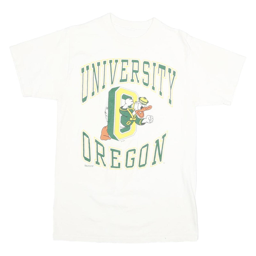 Mens White University Oregon Graphic T-Shirt S Short Sleeve Crew Neck Cartoon