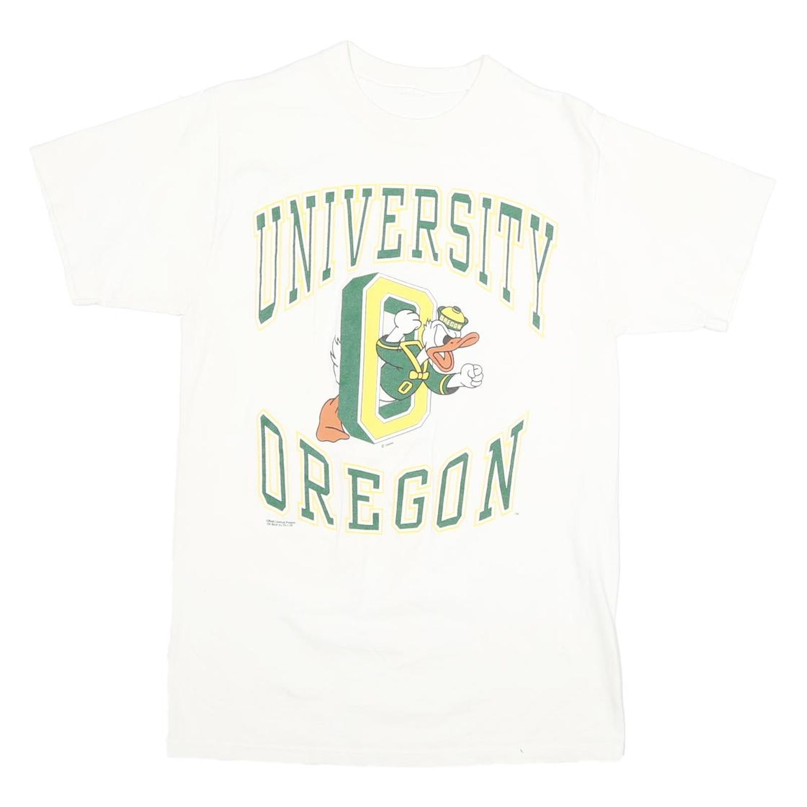 Mens White University Oregon Graphic T-Shirt S Short Sleeve Crew Neck Cartoon