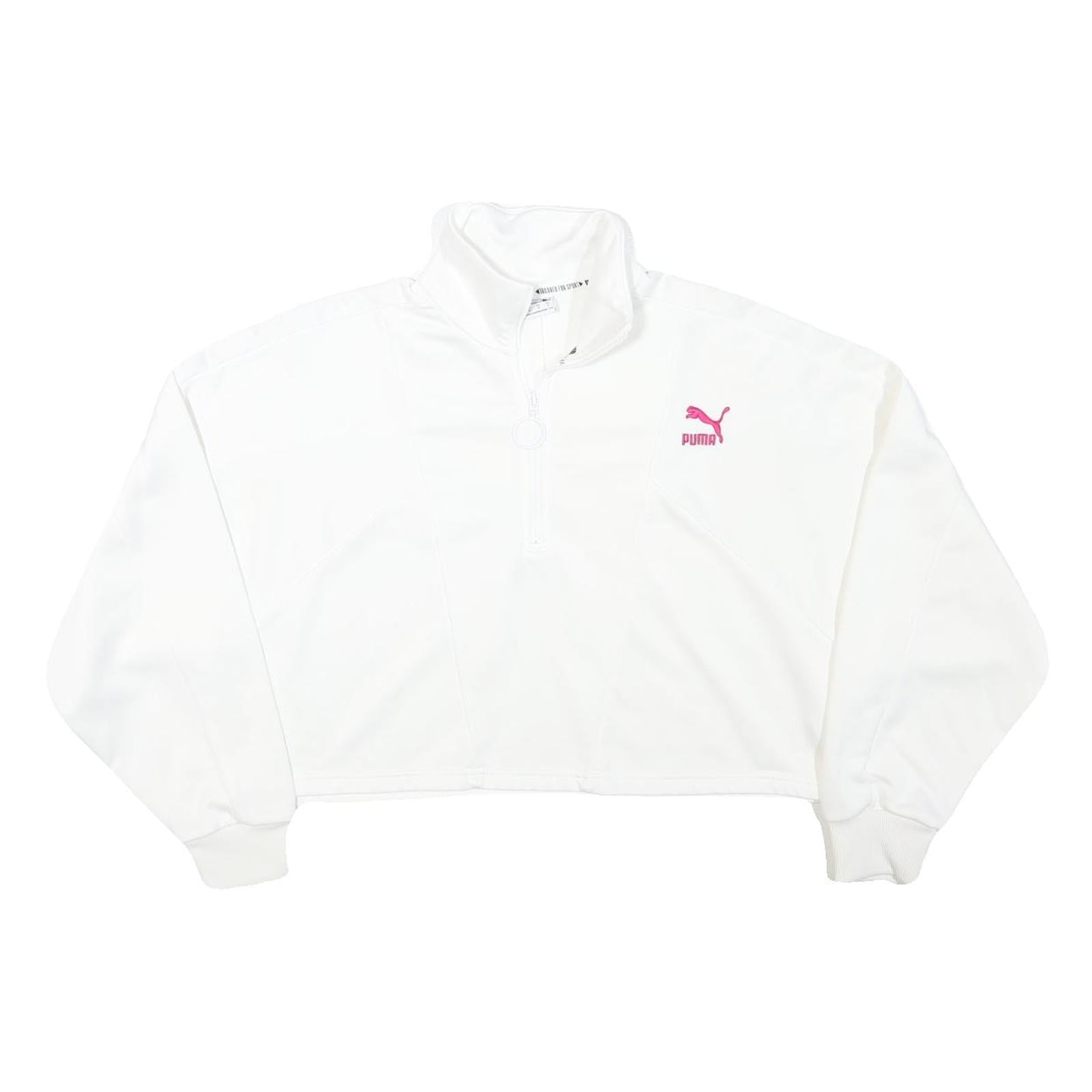 PUMA Womens White Pullover Sweatshirt M Cropped Quarter Zip Logo Sport