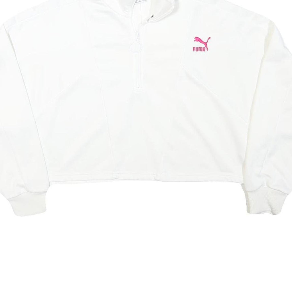 PUMA Womens White Pullover Sweatshirt M Cropped Quarter Zip Logo Sport