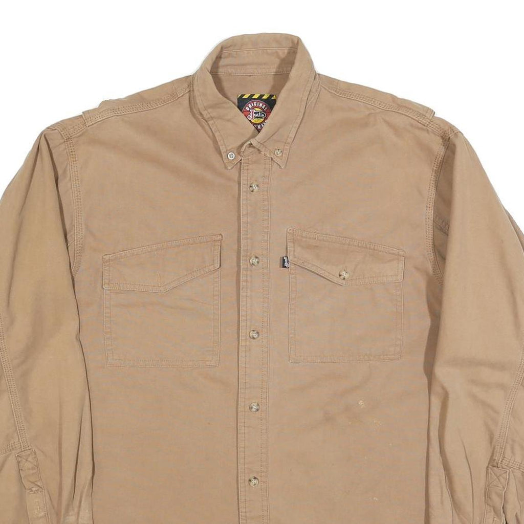 JUSTIN Mens Beige Cotton Blend Shirt L Button Down Collar Long Sleeve Workwear