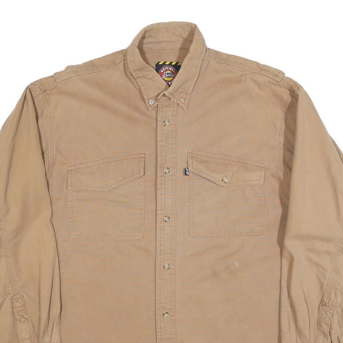 JUSTIN Mens Beige Cotton Blend Shirt L Button Down Collar Long Sleeve Workwear