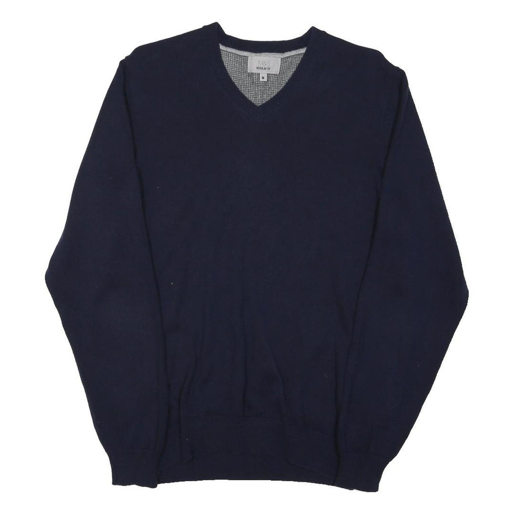 M&S Mens Navy Plain V-Neck Regular Fit Basic Knit Jumper Cotton Blend M