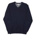 M&S Mens Navy Plain V-Neck Regular Fit Basic Knit Jumper Cotton Blend M