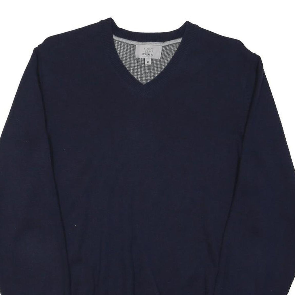 M&S Mens Navy Plain V-Neck Regular Fit Basic Knit Jumper Cotton Blend M